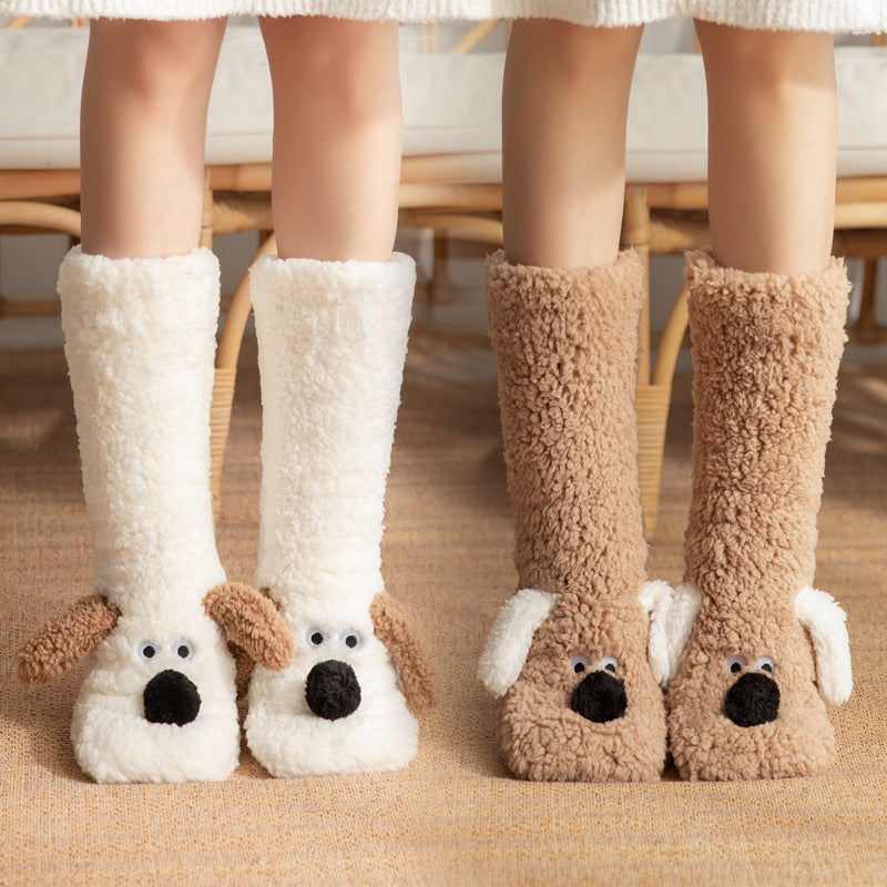 Cute Cartoon Dog Floor Socks – Warm, Non-Slip Plush Socks for Cozy Winter Comfort