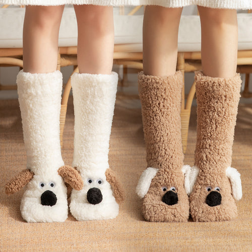 Cute Cartoon Dog Floor Socks – Warm, Non-Slip Plush Socks for Cozy Winter Comfort