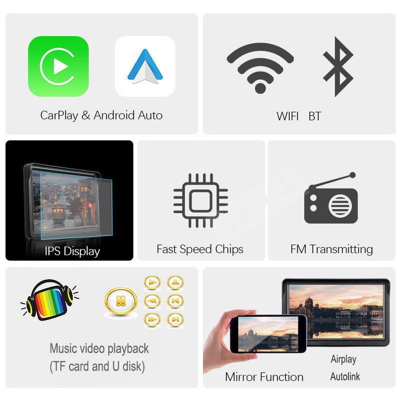 7-Inch IPS Smart Car Screen with Wireless CarPlay & Auto Mobile Projection