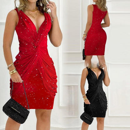 Elegant V-Neck Knotted Sheath Dress with Fitted Waist