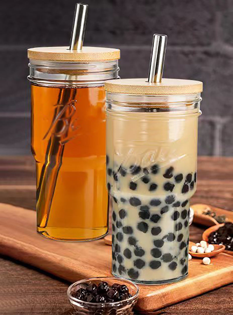 Boba-Friendly Glass Cup with Wooden Lid & Reusable Straw