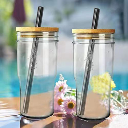 Boba-Friendly Glass Cup with Wooden Lid & Reusable Straw