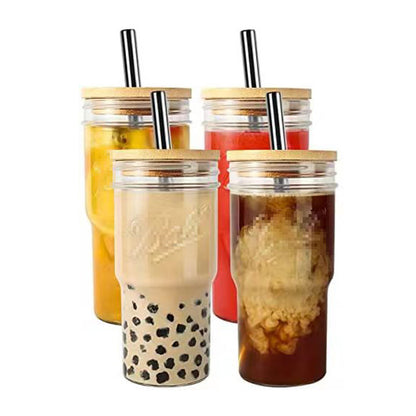 Boba-Friendly Glass Cup with Wooden Lid & Reusable Straw