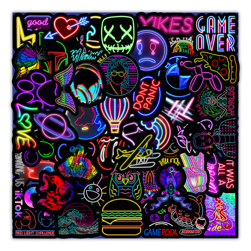 50-Piece Neon Stickers Set – Decorative for Car, Trunk, Phone, and Water Cups